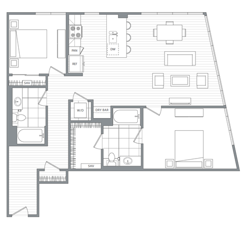 Floor plan for 2 beds, 2 baths, 1234 sqft